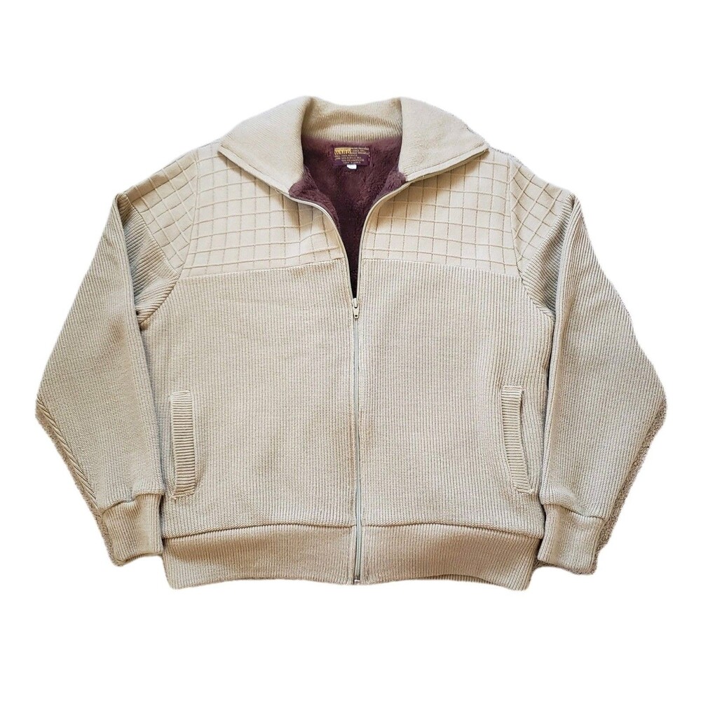 Vintage 70s Montgomery Ward Sz Large Mens Faux Fur Lined Cardigan Sweater Jacket